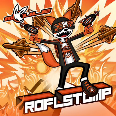 The cover artwork of ROFLSTOMP showing PWNZR the anthropomorphic cartoon gamer fox excitedly posing in front of a huge explosion of fireballs and warplanes while wielding two ray guns. The cover artwork is mostly orange-coloured.